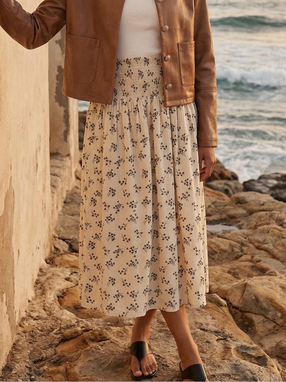 NWT Rhea Smocked Waist Midi Skirt